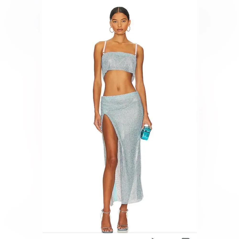 Poster Girl Gracie Crop Top Mix Blue Pearl metal chainmail mesh Revolve NWT